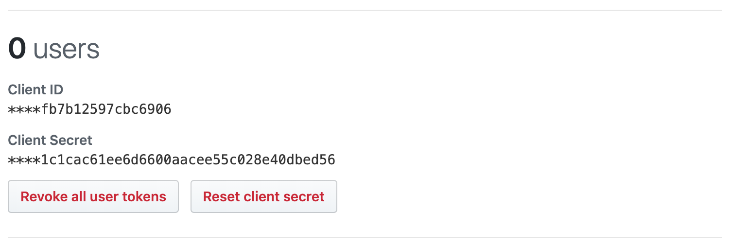 Screenshot of the created GitHub application client id and secret